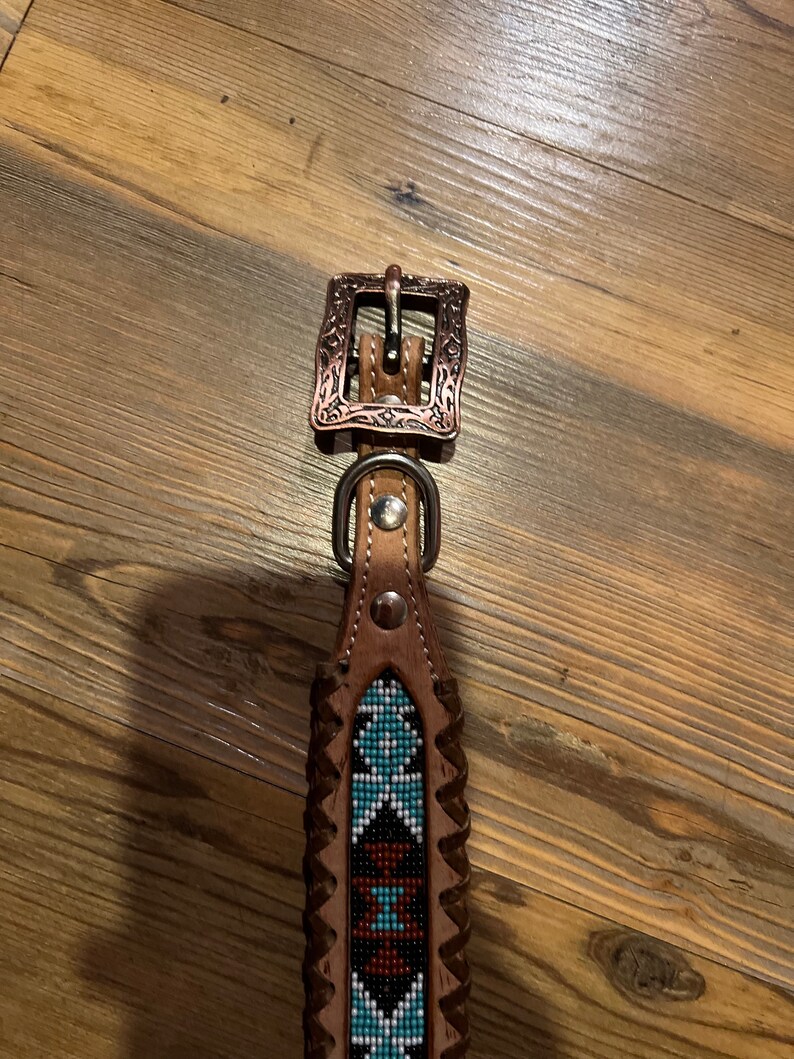Navajo Beaded Leather Wither Strap - Teal, Brown & White Western Horse Tack