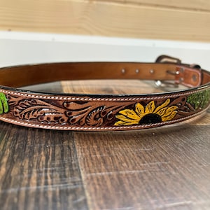 Handmade Leather Tooled Sunflower Cactus Handpainted Belt