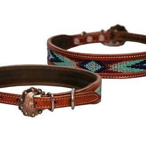 Leather dog collar with turquoise, blue beaded inlay design