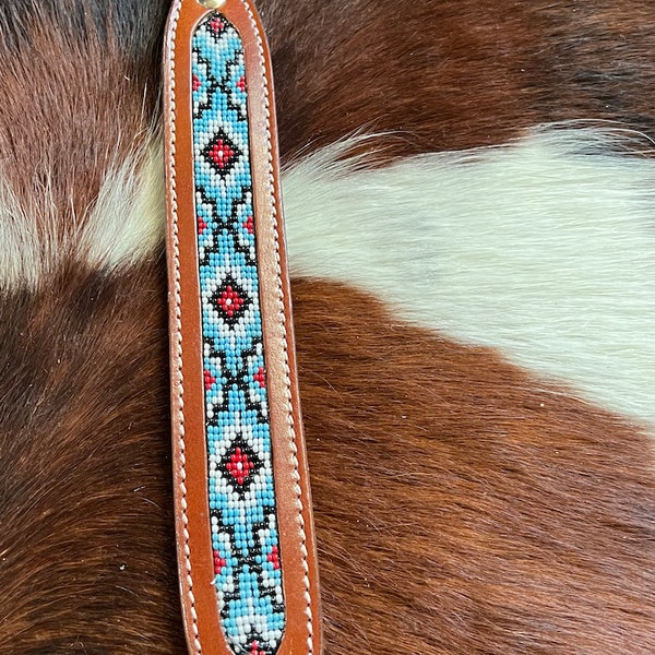 Blue, White and Red Beade leather dog collar with copper buckle.