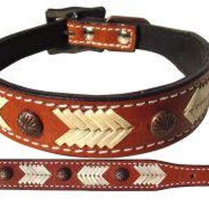 Genuine leather dog collar with natural rawhide lacing