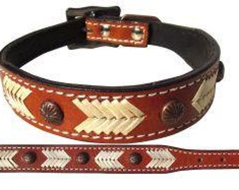 Genuine leather dog collar with natural rawhide lacing