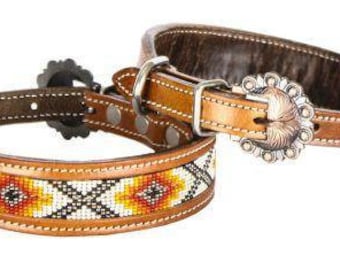Leather Dog Collar with red, orange, yellow beaded inlay design and copper hardware.