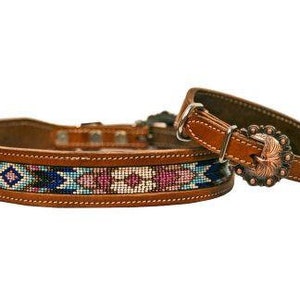 Leather dog collar features a medium leather with turquoise, pink and purple beads