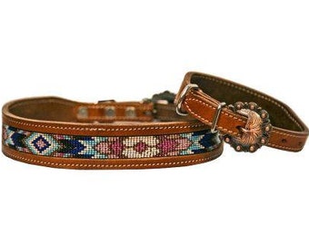 Leather dog collar features a medium leather with turquoise, pink and purple beads