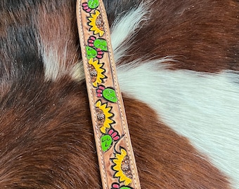 Hand Painted Sunflowers and Cactus leather dog collar