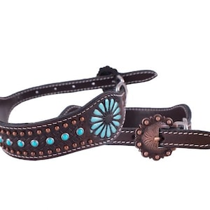 Collar de perro de cuero genuino con turquesa