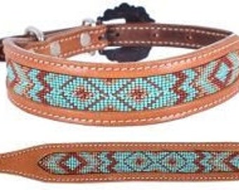Leather Dog Collar with teal beaded design