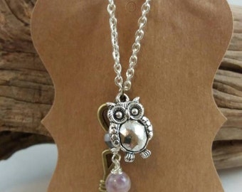 Owl key amethyst necklace, Steampunk owl necklace, owl key necklace, owl charm necklace, key charm necklace