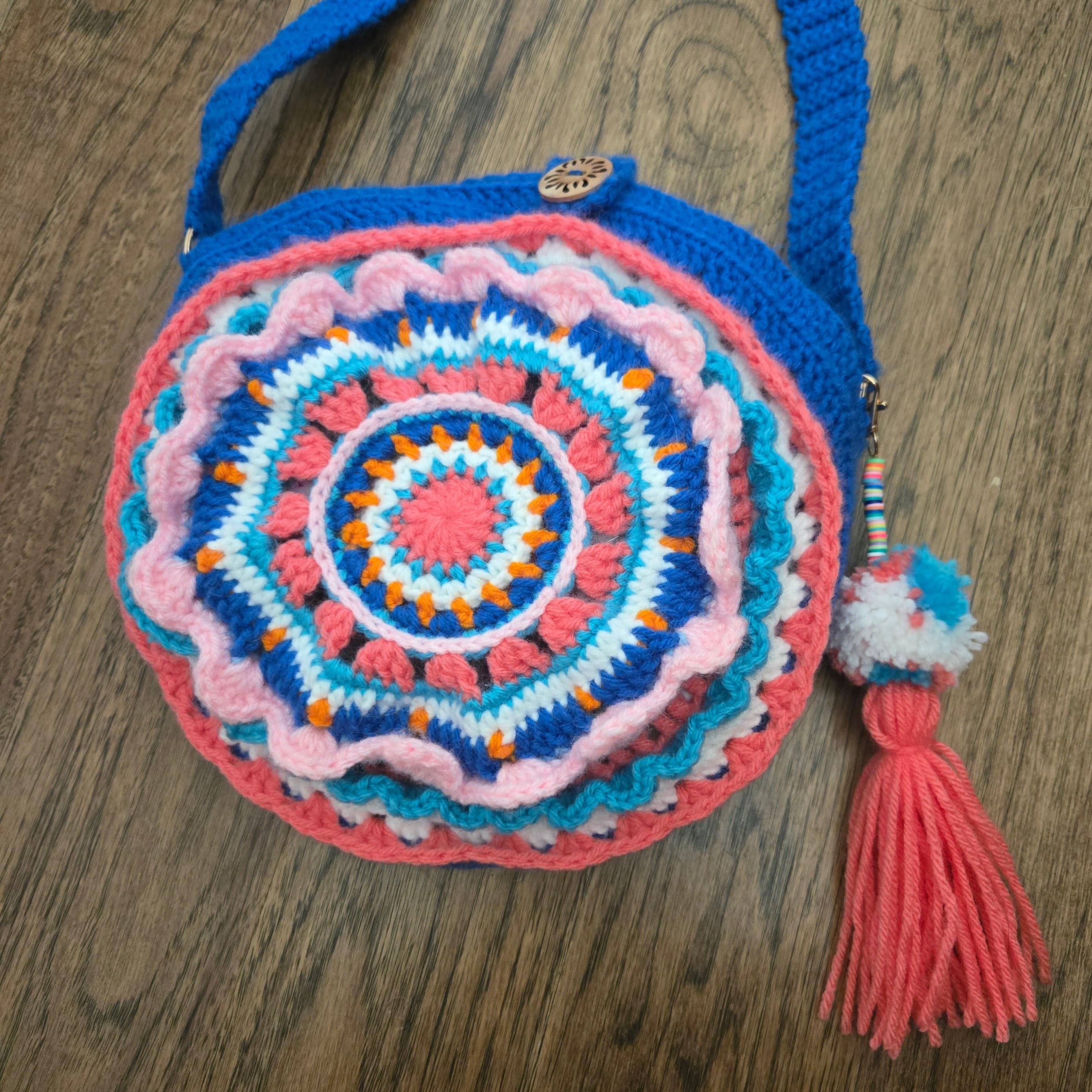 Circle Crochet Bag – Handmade 3D Front Design, Colorful Blue Pink Coral White Orange Teal, Boho Crossbody Purse, Gift for Her - Thumbnail 2