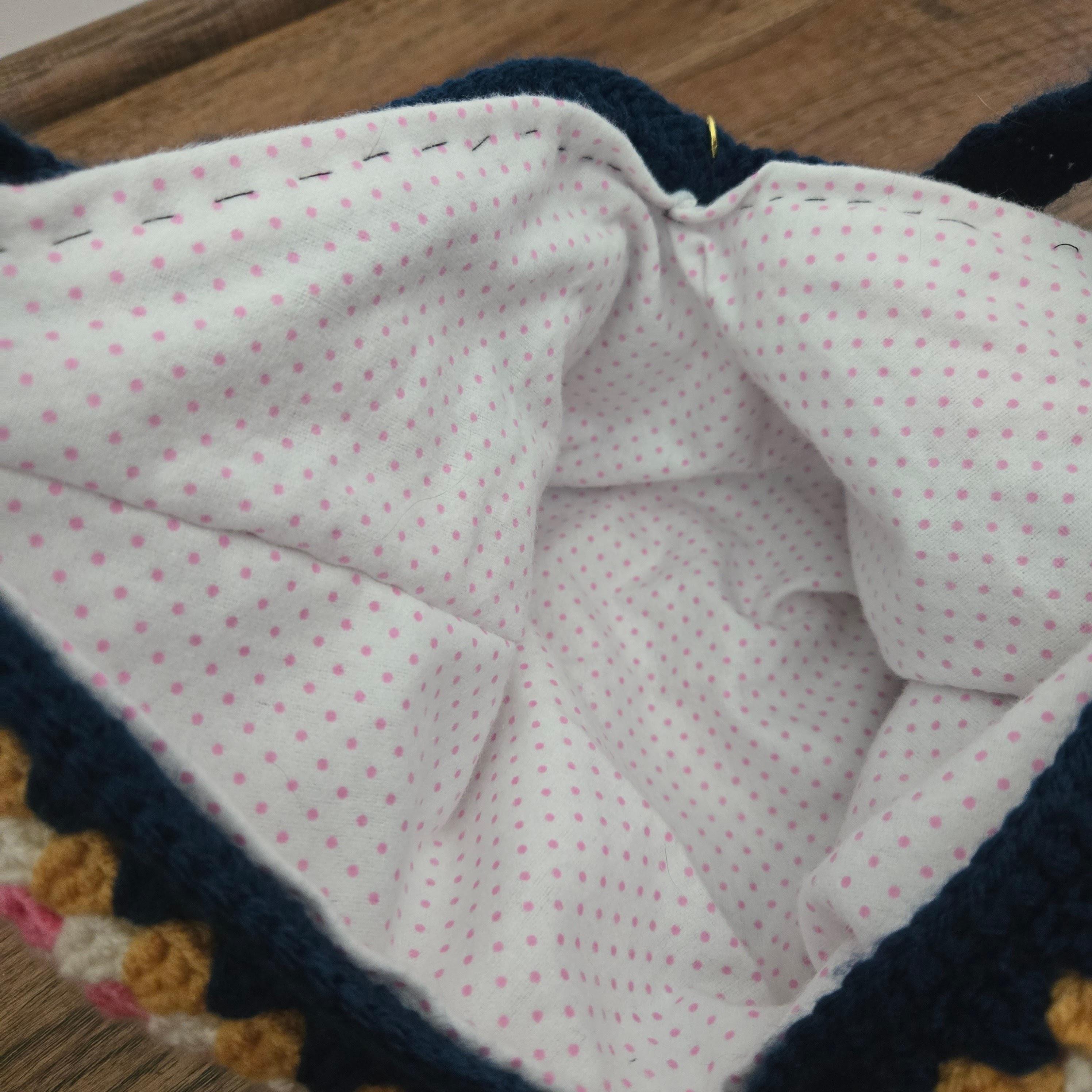 Granny Square Crochet Bag – Handmade Pink Navy Gold & Cream Crossbody, Boho Shoulder Bag, Small Retro Patchwork Purse - Thumbnail 6