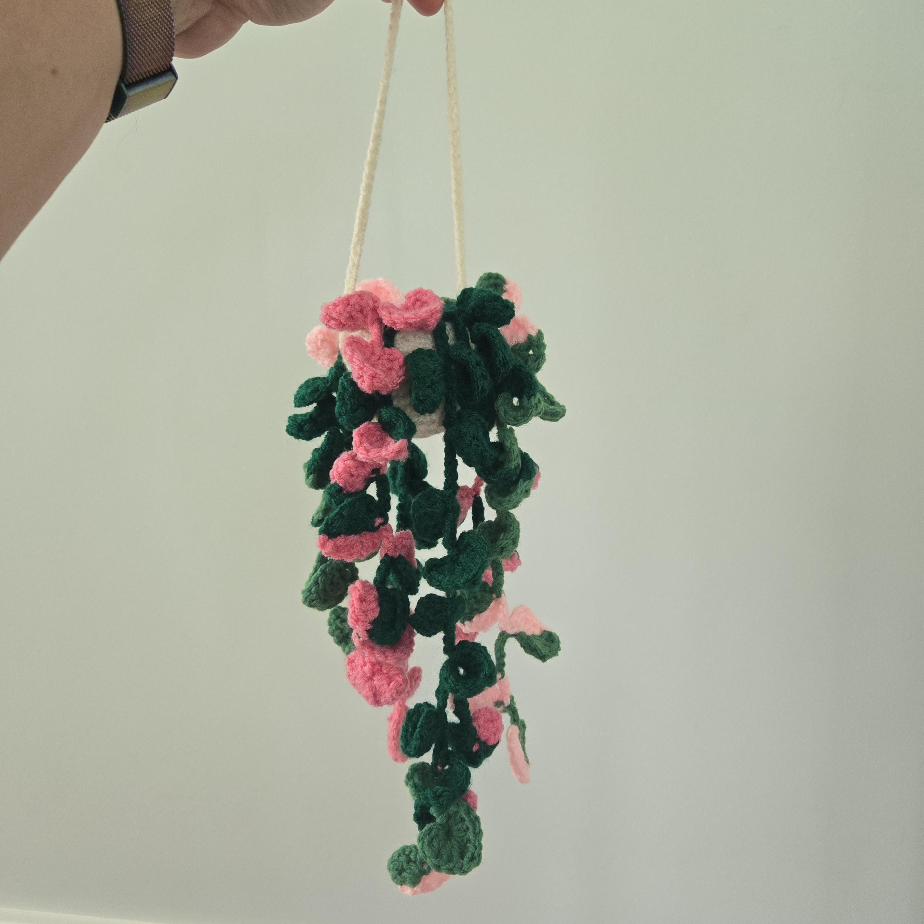 Crochet Hanging Plant – Pink & Green Philodendron with Long Vines, Handmade Weighted Amigurumi Houseplant in Cream Basket - Thumbnail 7