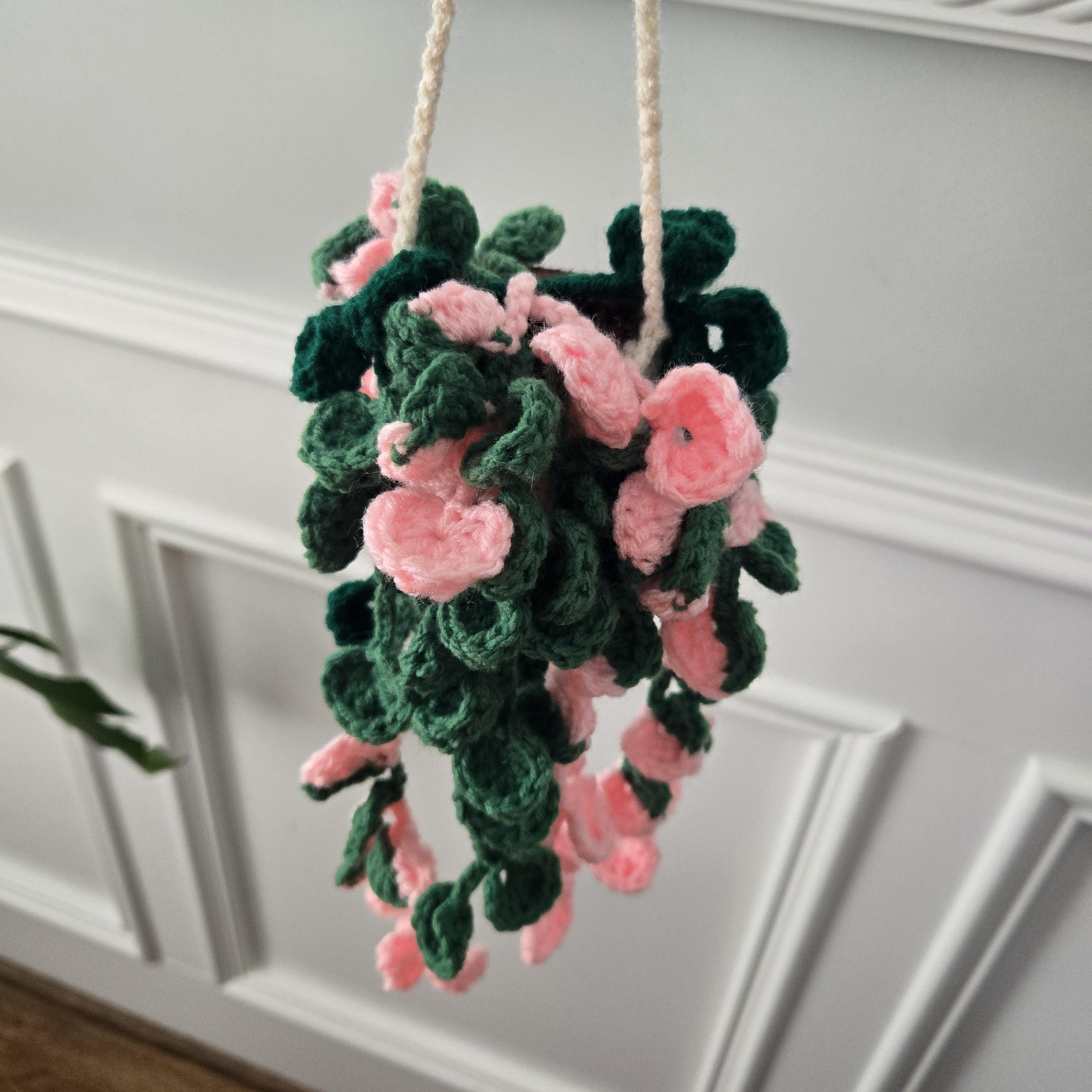 Crochet Hanging Plant – Pink Princess Philodendron with Long Vines, Handmade Weighted Amigurumi Houseplant in Cream Basket - Thumbnail 4