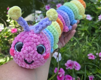 Crochet Rainbow Caterpillar – Bendable Plush Toy – Soft Caterpillar Plushie – Kawaii Caterpillar – Fidget Plush – Handmade Squishy Bug