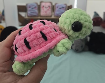 Crochet Watermelon Turtle Plush – Soft Chenille Turtle with Fruit Shell – Amigurumi Plushie – Cute Summer Gift – Handmade Turtle Toy