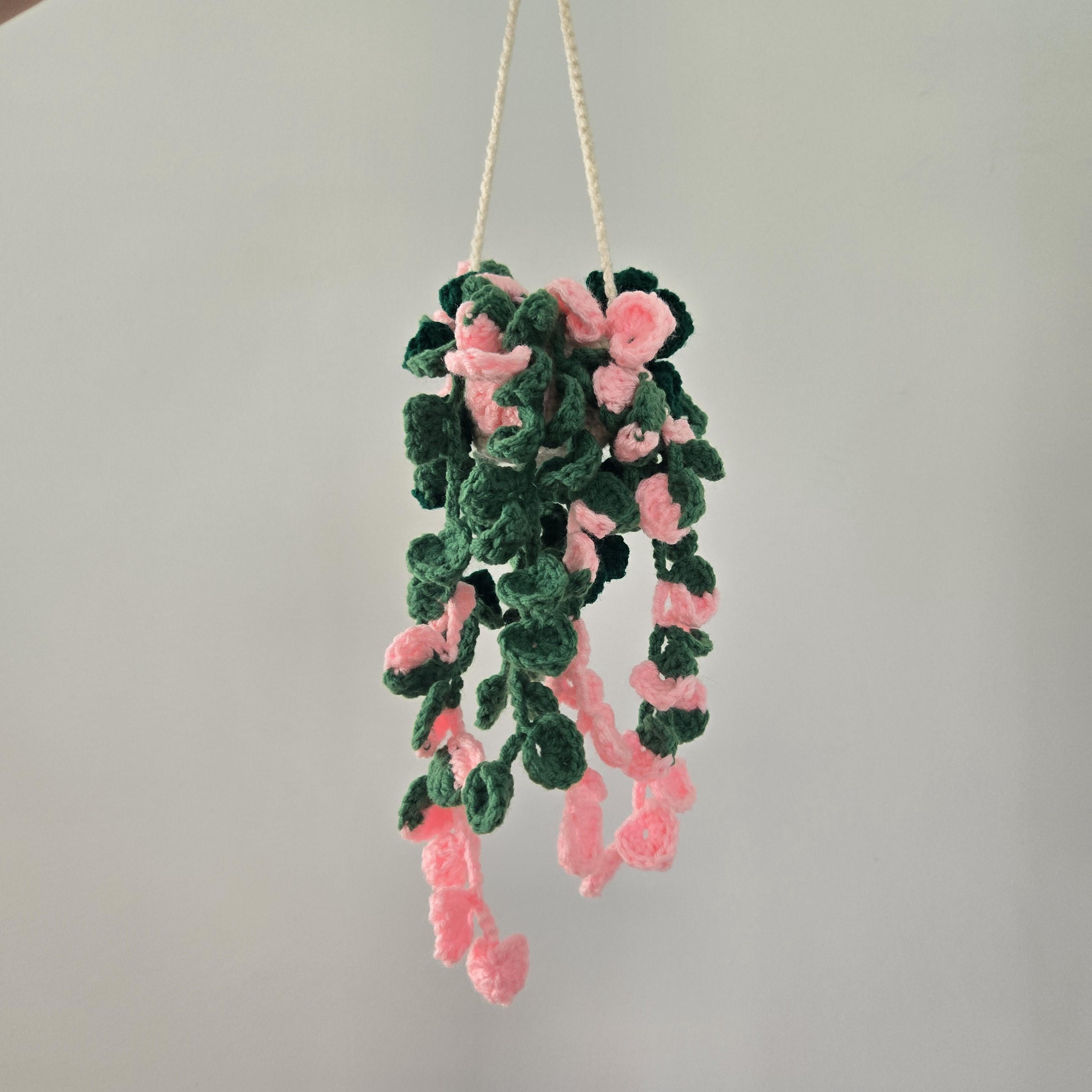Crochet Hanging Plant – Pink Princess Philodendron with Long Vines, Handmade Weighted Amigurumi Houseplant in Cream Basket - Thumbnail 2