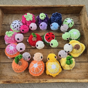 May include: A collection of small, crocheted plush turtles with shells designed to resemble various fruits and vegetables, including watermelon, orange, strawberry, pineapple, and kiwi, featuring soft yarn textures and black plastic eyes.