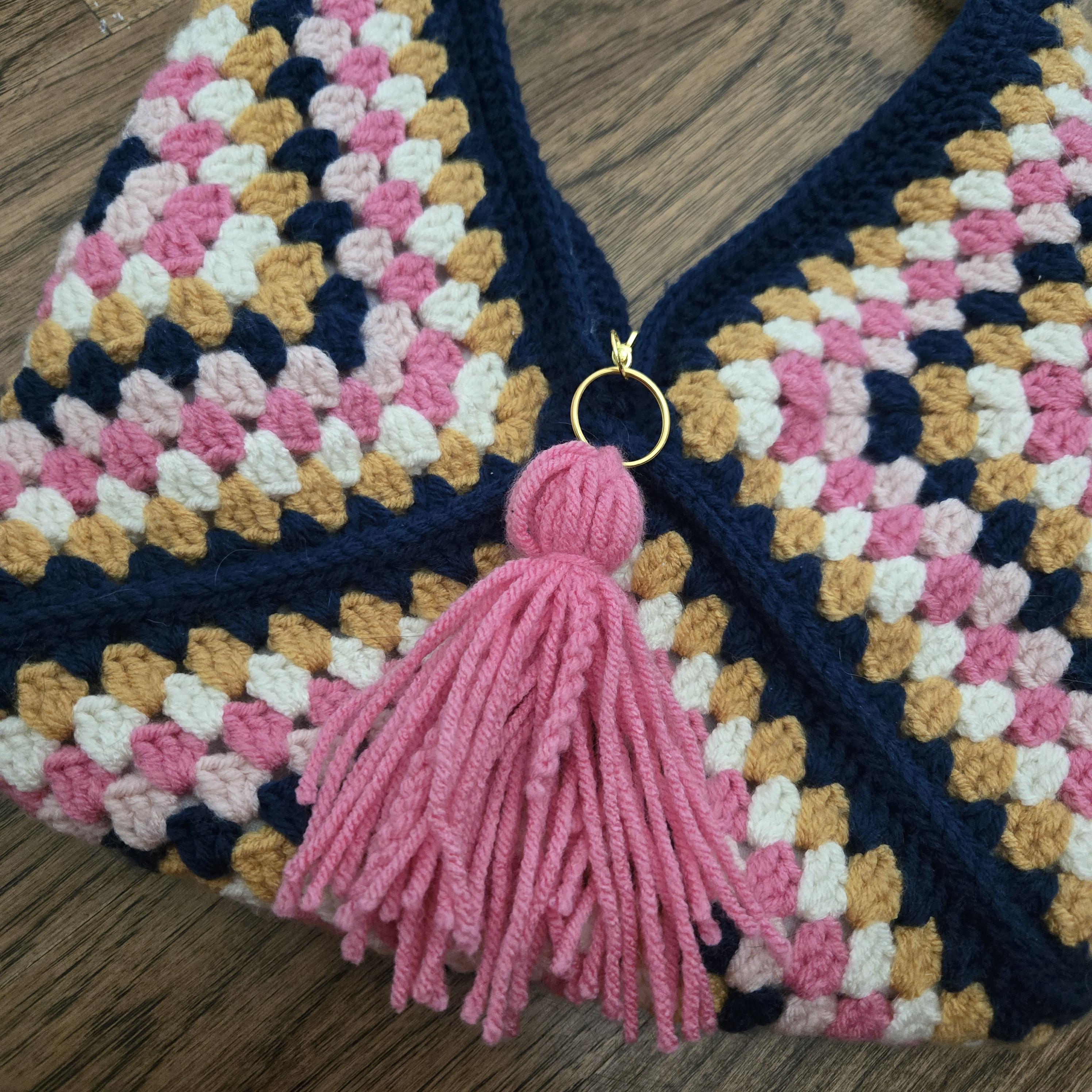 Granny Square Crochet Bag – Handmade Pink Navy Gold & Cream Crossbody, Boho Shoulder Bag, Small Retro Patchwork Purse - Thumbnail 3