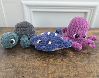 Sea Creature Trio – Crochet Octopus, Sea Turtle & Stingray Plush Set – Ocean Animal Plushies – Soft Handmade Stuffed Toys – Ocean Lover Gift