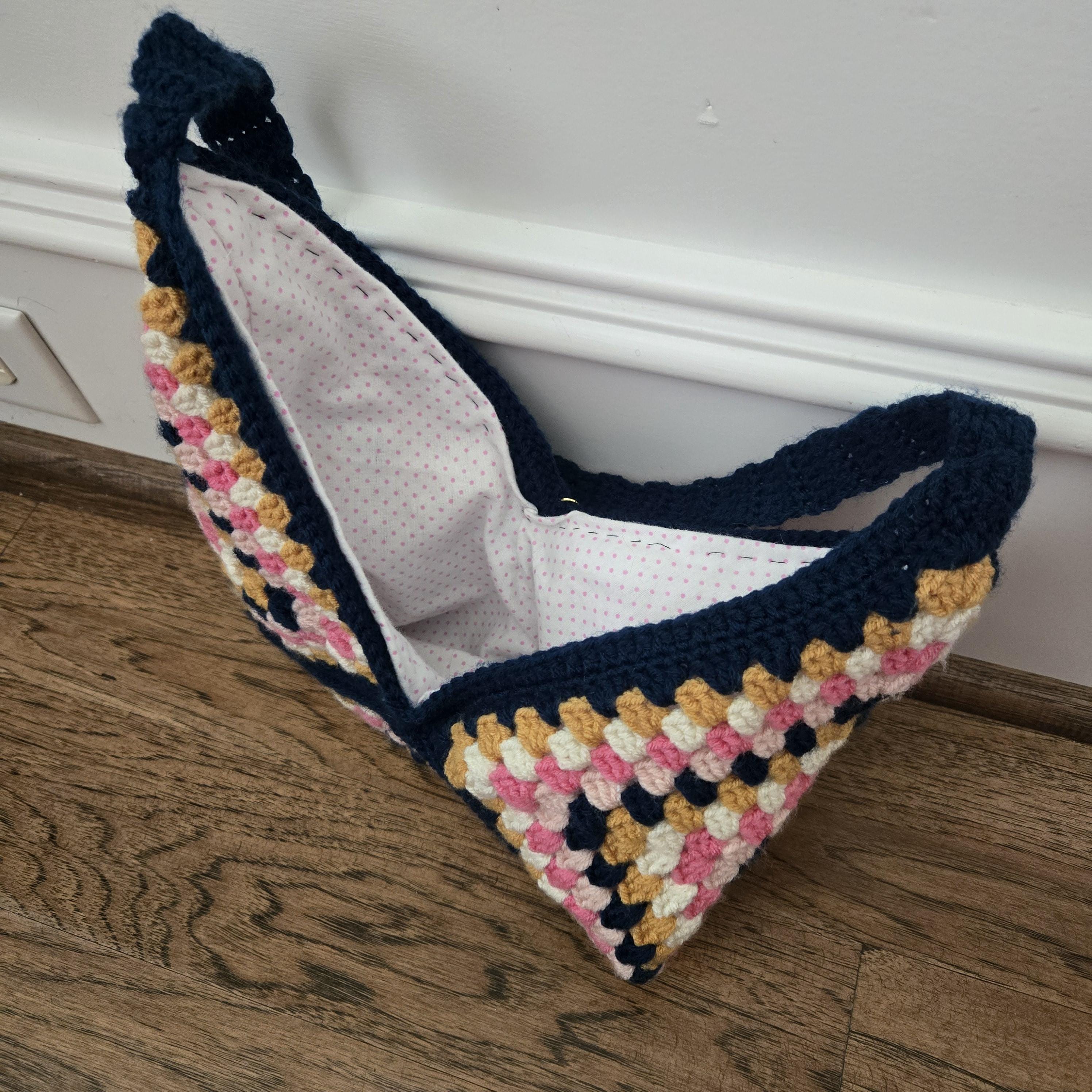 Granny Square Crochet Bag – Handmade Pink Navy Gold & Cream Crossbody, Boho Shoulder Bag, Small Retro Patchwork Purse - Thumbnail 4