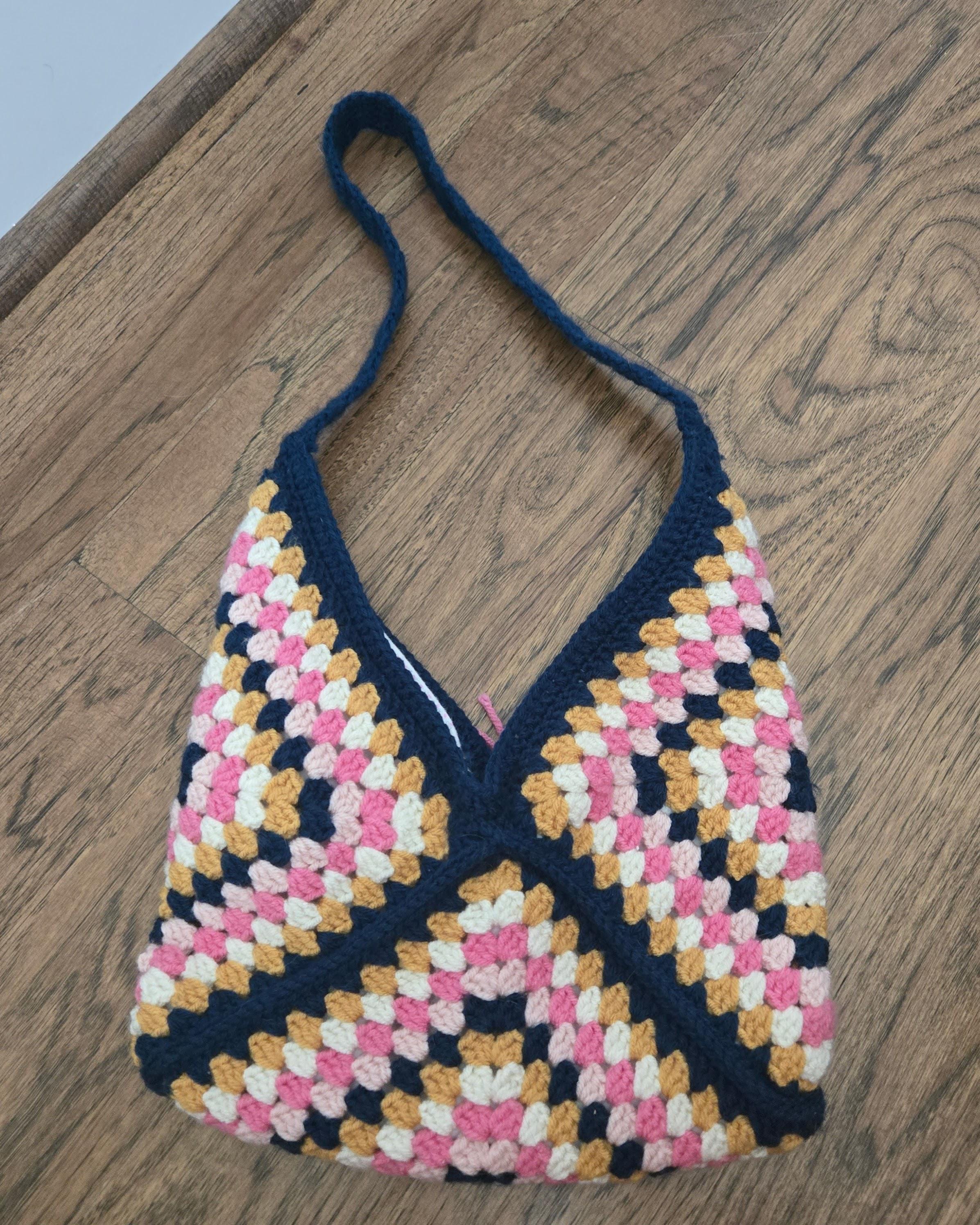 Granny Square Crochet Bag – Handmade Pink Navy Gold & Cream Crossbody, Boho Shoulder Bag, Small Retro Patchwork Purse - Thumbnail 7