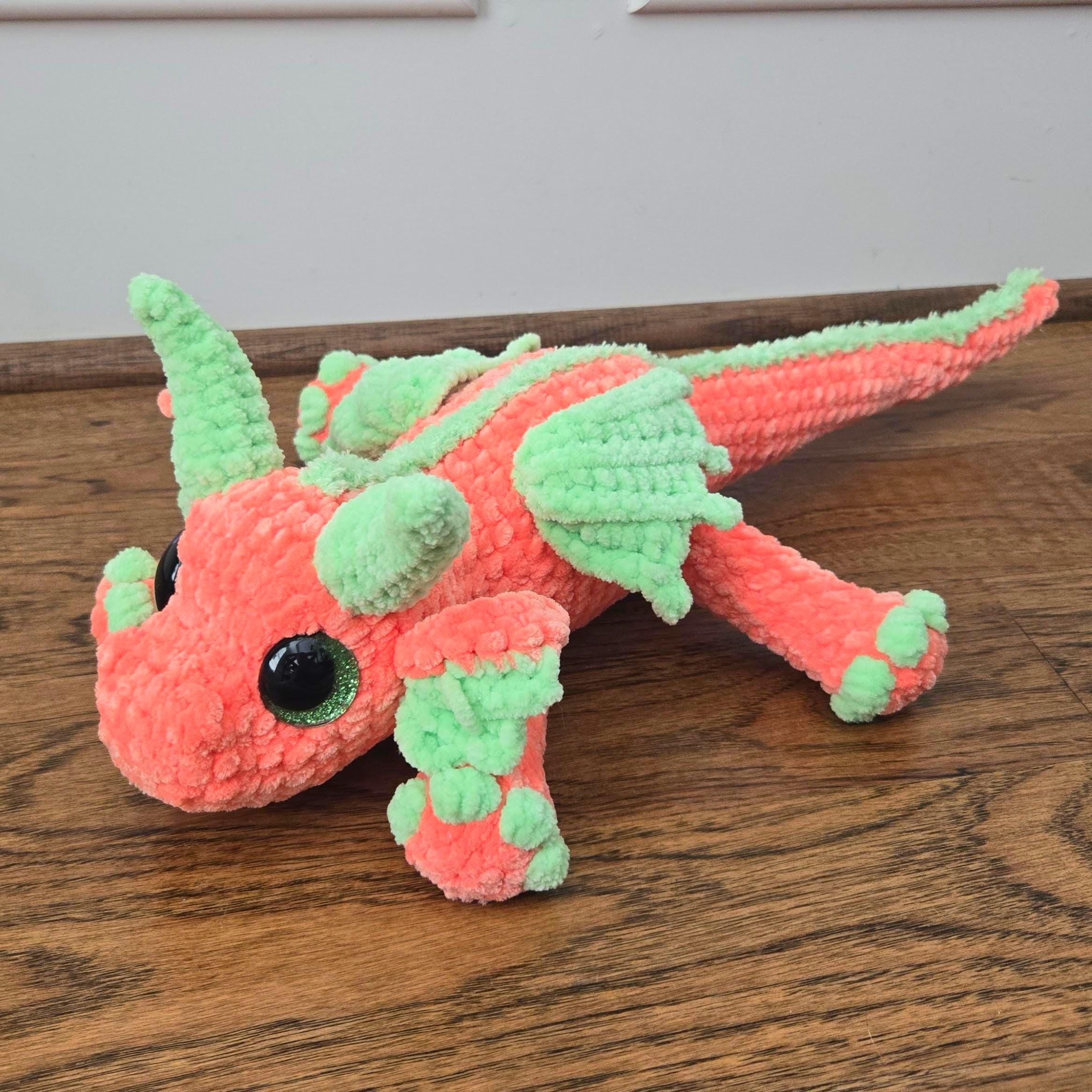 Crochet Dragon Plush – Handmade Amigurumi Stuffed Animal, Fantasy Creature Toy, Orange & Green Dragon Lover Gift
