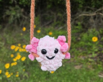 Axolotl on a Swing – Crochet Chenille Plush – Hanging Axolotl Decor – Cute Handmade Amphibian – Kawaii Gift for Axolotl Lovers – Car Mirror