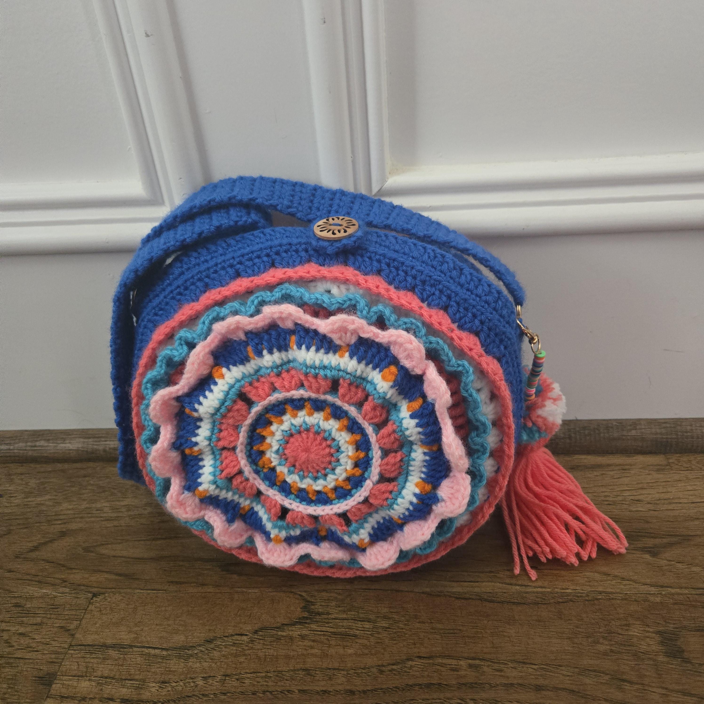 Circle Crochet Bag – Handmade 3D Front Design, Colorful Blue Pink Coral White Orange Teal, Boho Crossbody Purse, Gift for Her - Thumbnail 7