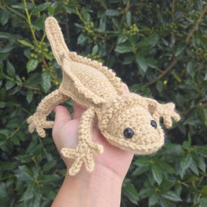 May include: A beige crochet lizard toy featuring a textured body, a long tail, four splayed legs with detailed toes, and two round black plastic eyes. The stuffed creature is crafted with visible yarn stitches and has a soft, rounded head shape.