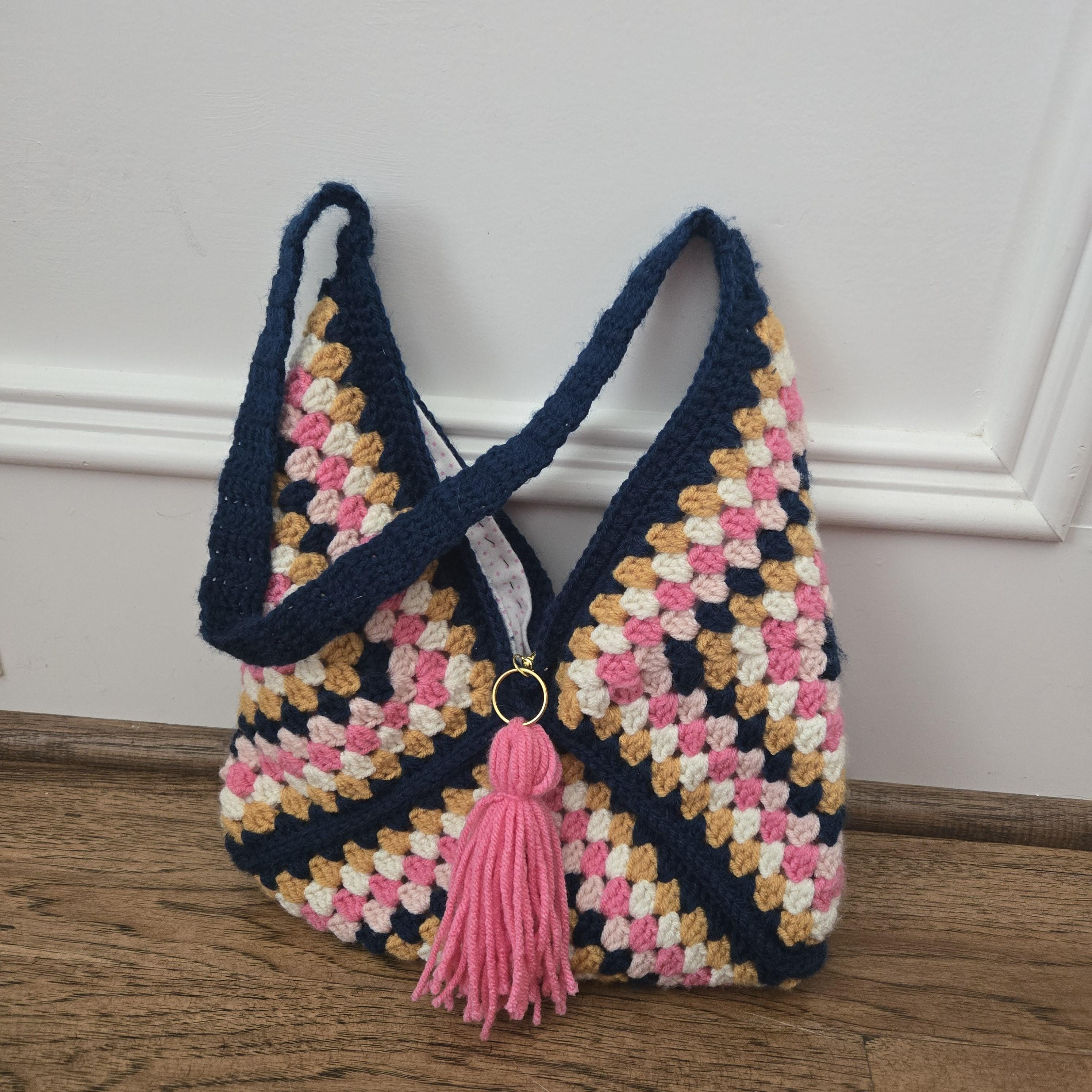 Granny Square Crochet Bag – Handmade Pink Navy Gold & Cream Crossbody, Boho Shoulder Bag, Small Retro Patchwork Purse - Thumbnail 2