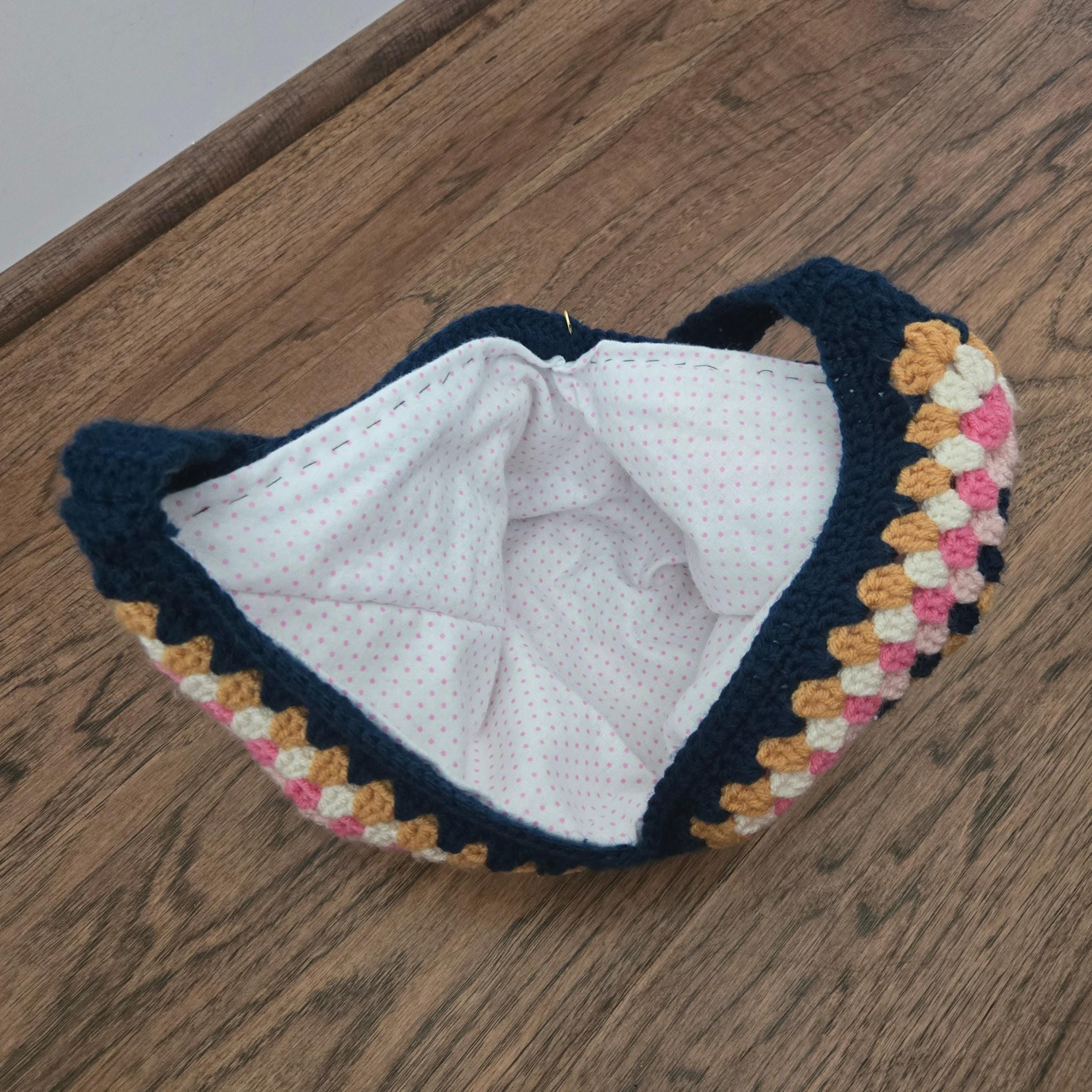Granny Square Crochet Bag – Handmade Pink Navy Gold & Cream Crossbody, Boho Shoulder Bag, Small Retro Patchwork Purse - Thumbnail 5