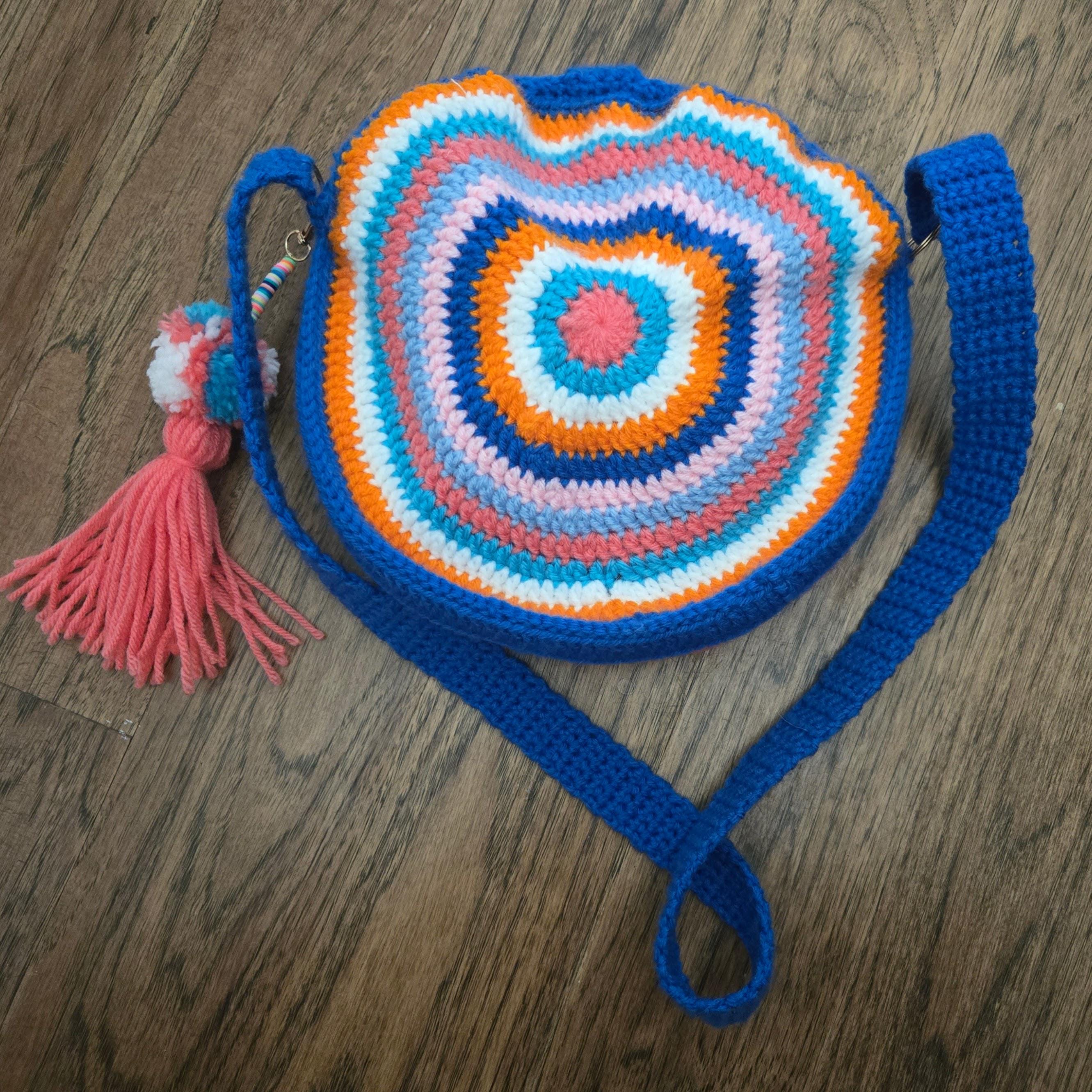 Circle Crochet Bag – Handmade 3D Front Design, Colorful Blue Pink Coral White Orange Teal, Boho Crossbody Purse, Gift for Her - Thumbnail 5