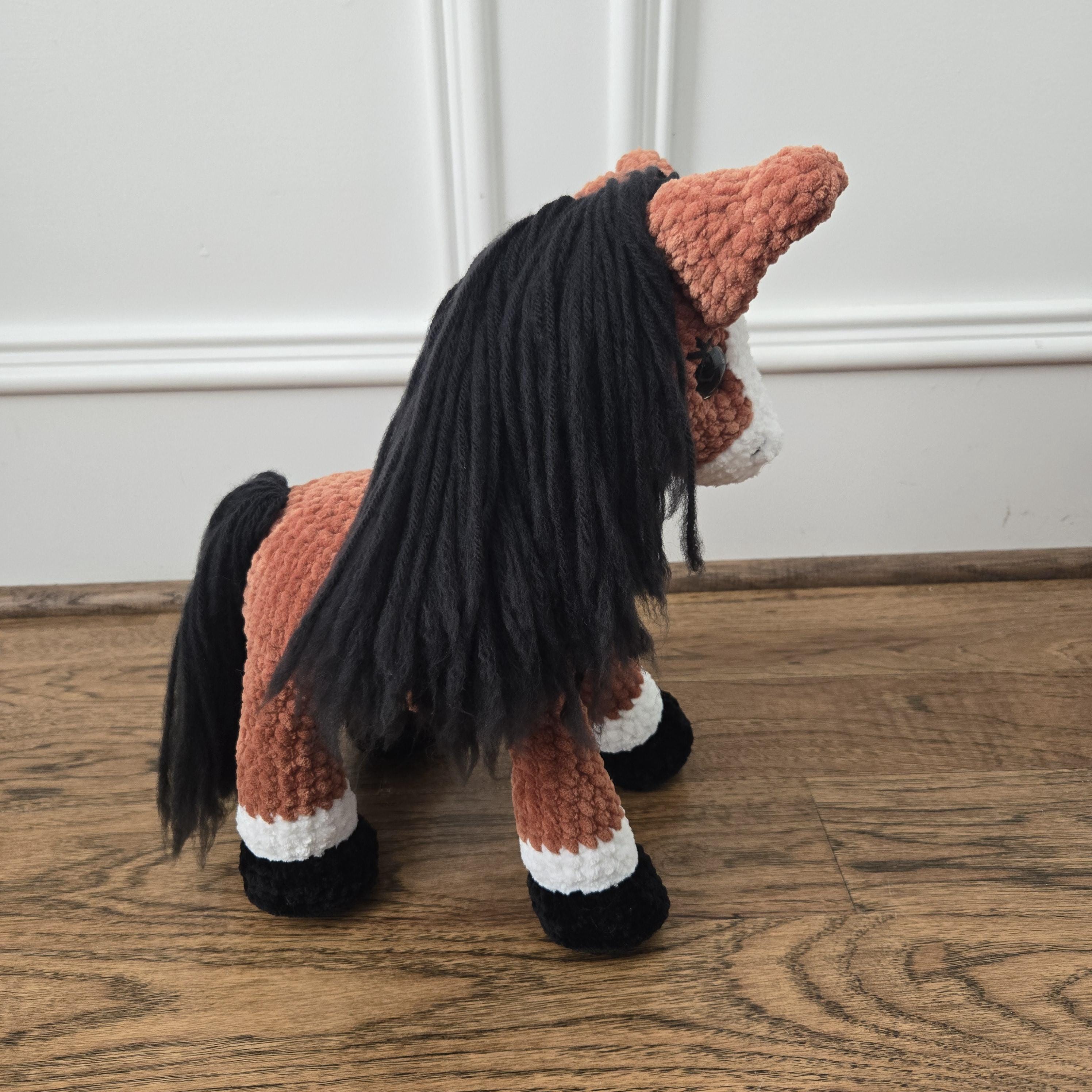Crochet Horse Plush – Handmade Brown Bay Horse with Black Mane & Tail, Weighted Standing Amigurumi Flexible Stuffed Animal Horse Gift Halter - Thumbnail 4