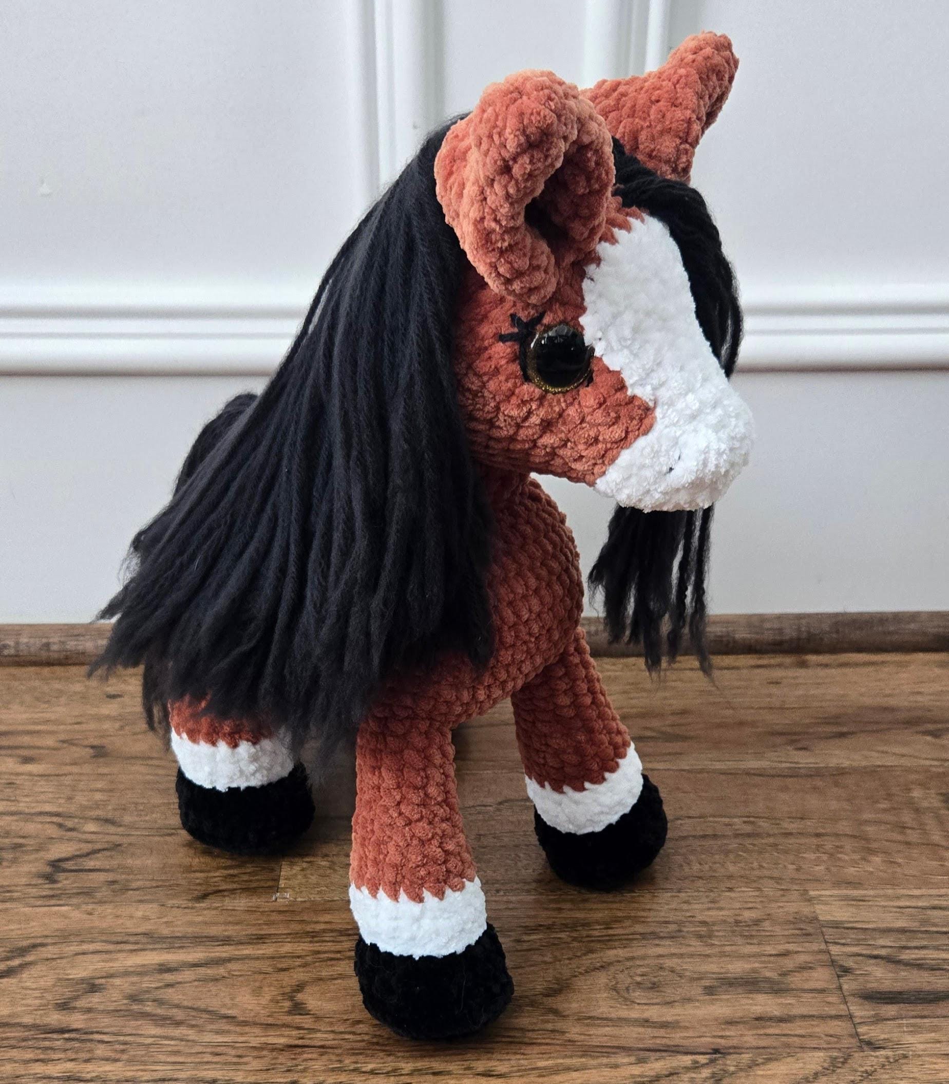 Crochet Horse Plush – Handmade Brown Bay Horse with Black Mane & Tail, Weighted Standing Amigurumi Flexible Stuffed Animal Horse Gift Halter
