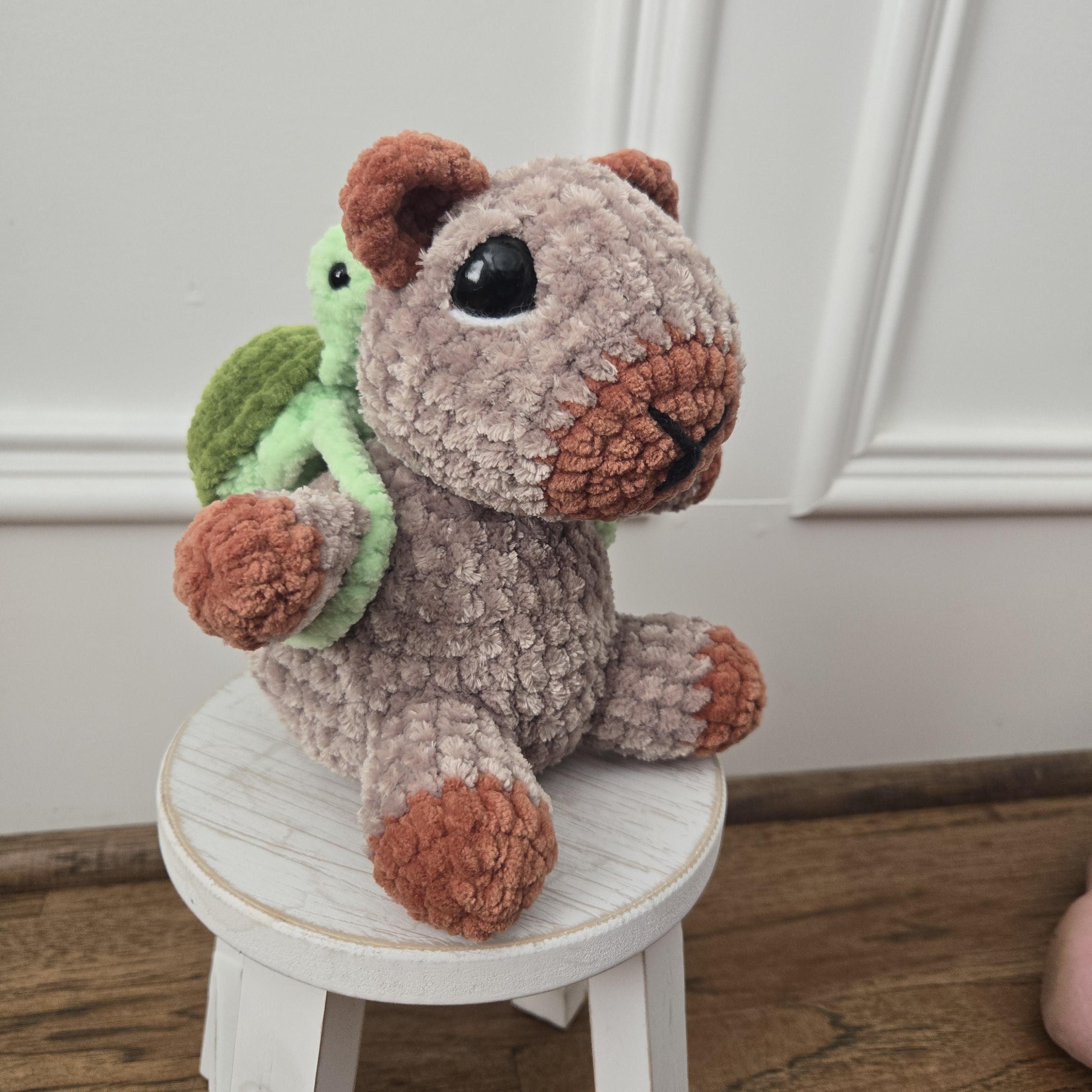Crochet Capybara Plush – Handmade Weighted Amigurumi with Turtle Backpack, Cute Stuffed Animal Gift, 7” Plush Toy