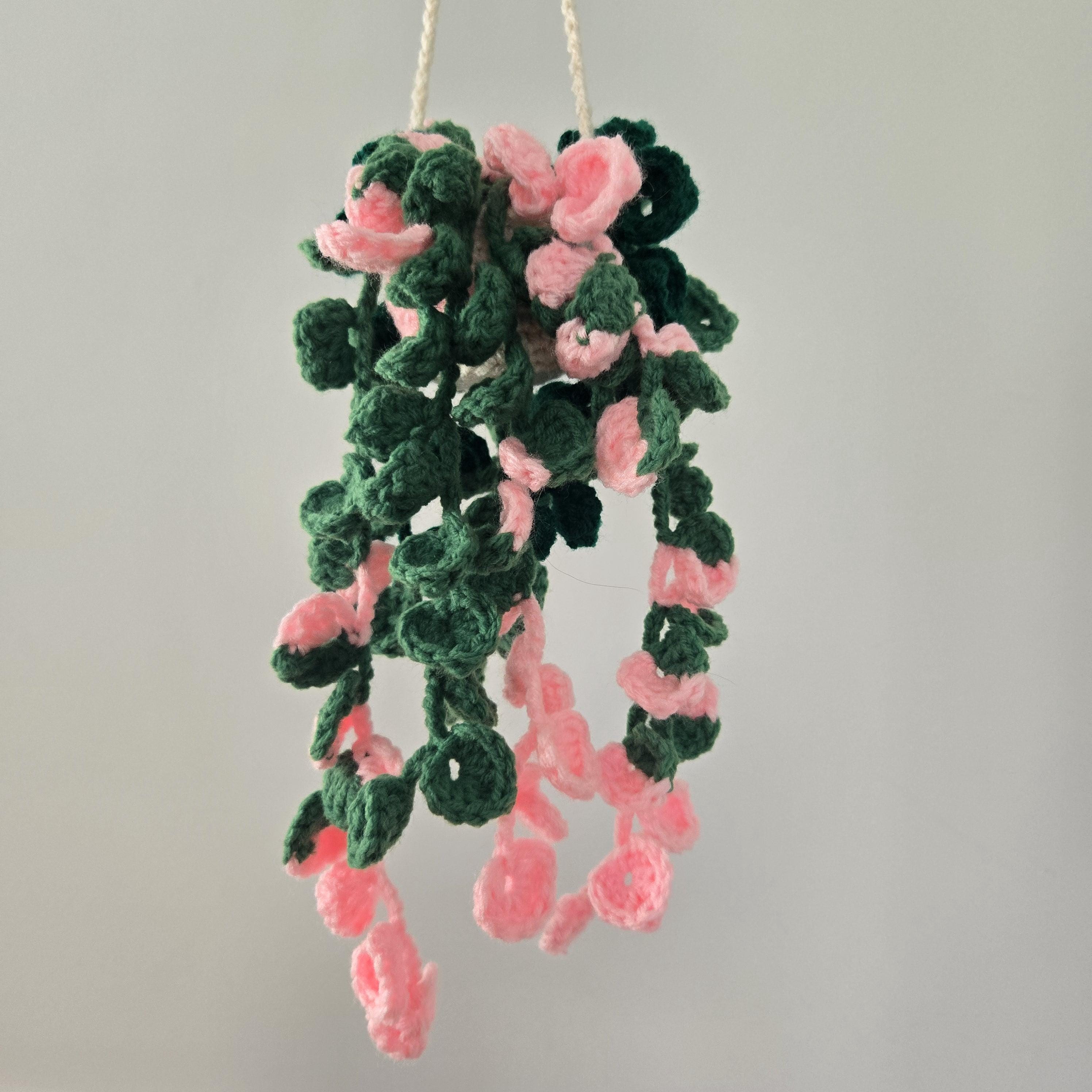 Crochet Hanging Plant – Pink Princess Philodendron with Long Vines, Handmade Weighted Amigurumi Houseplant in Cream Basket