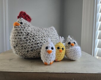 Crochet Hen with Eggs and Chicks - Amigurumi Farm Animal Set