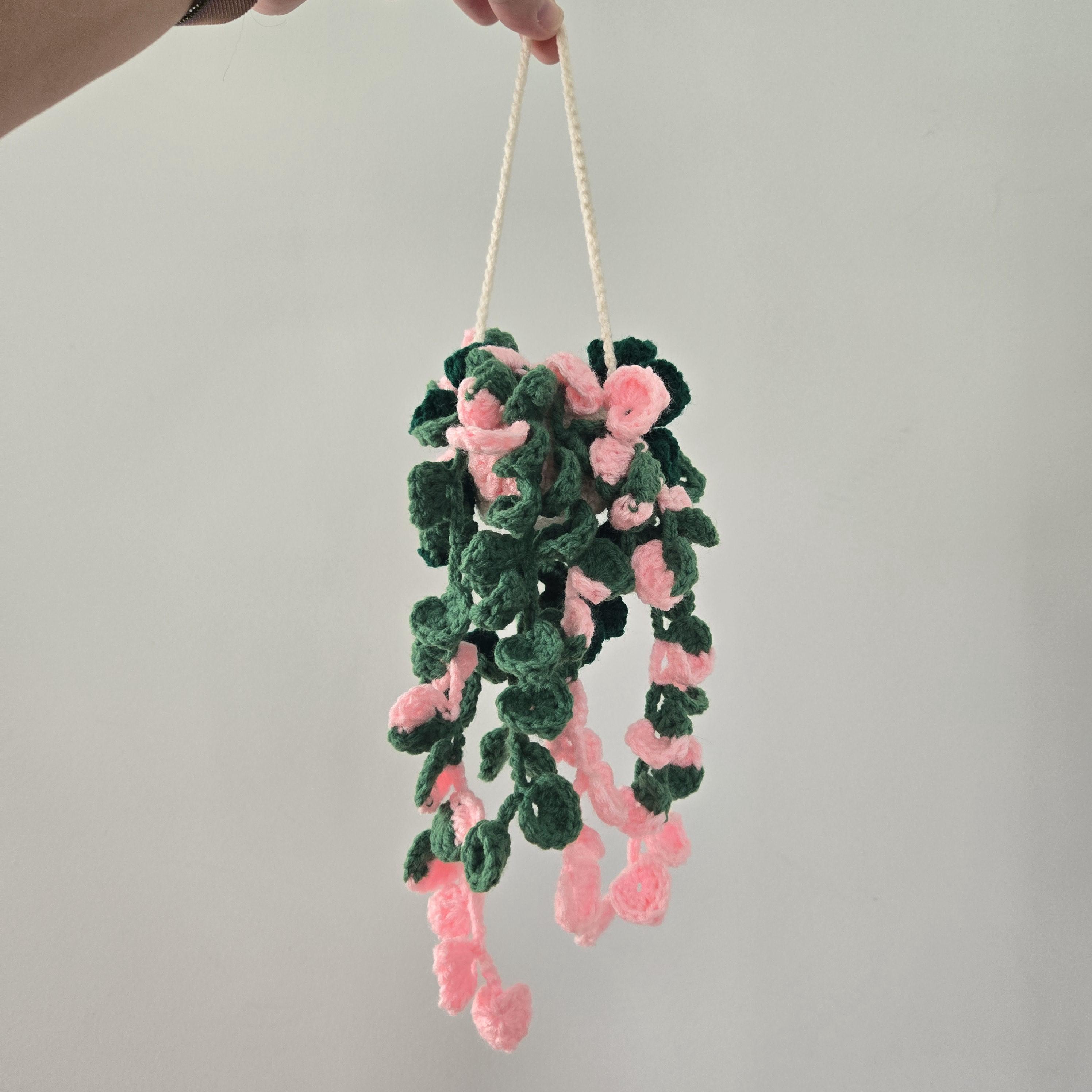 Crochet Hanging Plant – Pink Princess Philodendron with Long Vines, Handmade Weighted Amigurumi Houseplant in Cream Basket - Thumbnail 3