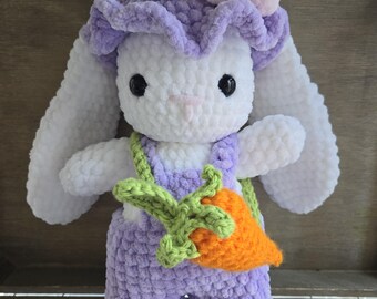 Crochet Bunny in Purple Overalls with Carrot Bag | Perfect Gift for All Ages - Handmade
