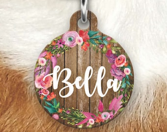 Floral Wood Pet Tag - Girly Pet Tag - Dog Tags For Dogs - Double sided Pet tag - Pet ID Tag - Dog Tag - Personalized Dog Tag- Pink Tag