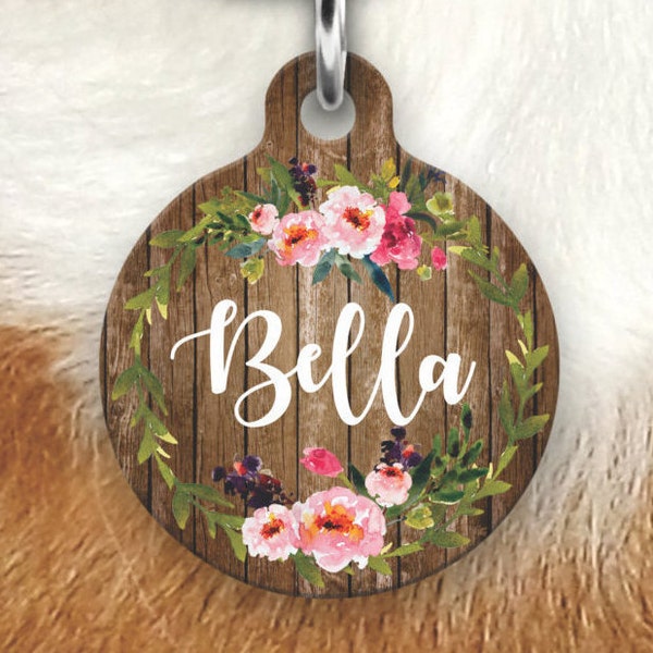 Floral Wood Pet Tag - Girly Pet Tag - Dog Tags For Dogs - Double sided Pet tag - Pet ID Tag - Dog Tag - Personalized Dog Tag-