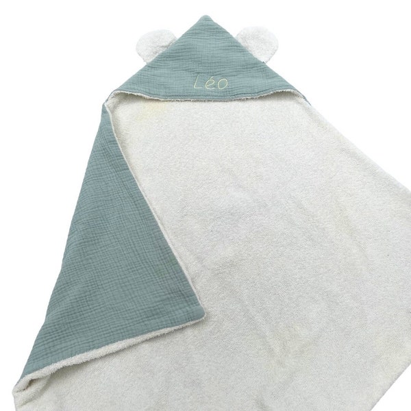 Cape de bain bébé 100 % fait main en tissu éponge et double gaz de coton, personnalisable, broderie prénom et choix du tissu