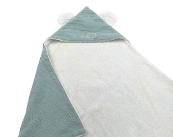 Cape de bain bébé 100 % fait main en tissu éponge et double gaz de coton, personnalisable, broderie prénom et choix du tissu