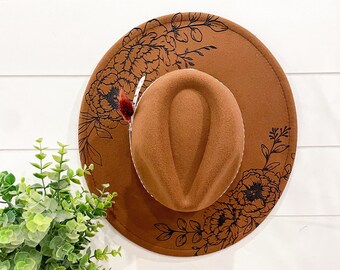 Bloemen verbrande hoed, bloemen gegraveerde cowboyhoed, zonnebloemhoed, zonnebloem verbrand fedora, gegraveerde hoed, gegraveerde vilten hoed, bohohoed