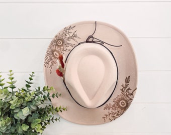 Floral Burned Hat, Floral Engraved Cowboy Hat, Sunflower Hat, Sunflower Burned Fedora, Engraved Fedora, Engraved Felt Hat, Boho Hat