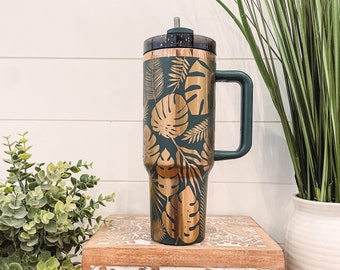 Vaso con forma de hoja de Monstera de 40 oz, taza de viaje con plantas tropicales, vaso grabado, taza grabada, vaso floral, taza con plantas hawaianas