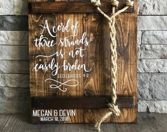 A Cord Of Three Strands Sign, A Cord of 3 Strands, Ecclesiastes 4:9-12, Wedding Ceremony Sign, Unity Ceremony Sign, Rustic Wedding Gift