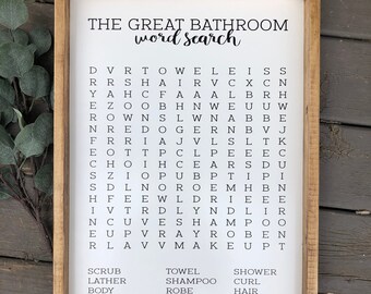 Bathroom Word Search Wooden Sign, Bathroom Decor, Rustic Farmhouse Wooden Sign, Funny Bathroom Signs, Housewarming Present