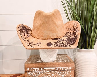Floral Burned Hat, Floral Engraved Cowboy Hat, Sunflower Hat, Sunflower Burned Fedora, Engraved Suede Hat, Boho Hat, Vegan Suede