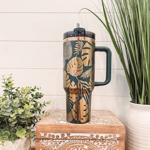 Monstera Leaf Tumbler 40oz, Tropical Plants Travel Mug, Engraved Tumbler, Engraved Mug, Floral Tumbler, Hawaiian Plant Cup